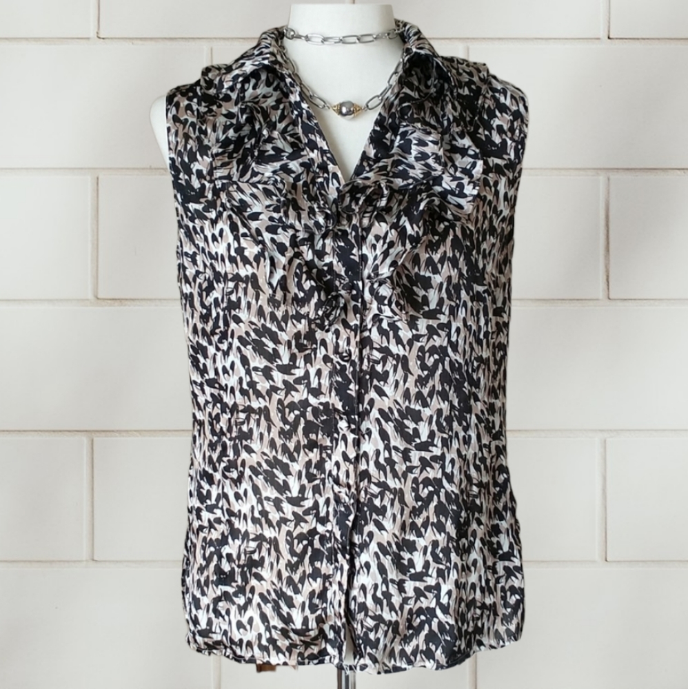 Tahari ruffle front sleeveless button front blouse black white tan print size S